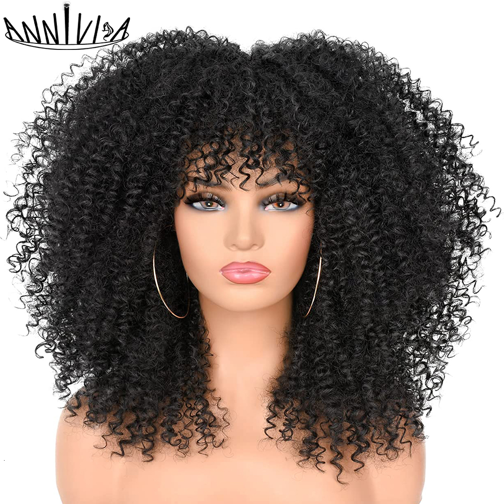 

Synthetic Wigs 16"Short Hair Afro Kinky Curly With Bangs For Black Women African Ombre Glueless Blonde Brown Cosplay Lolita 230410, T1b-t2404