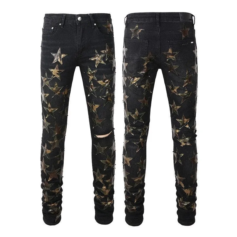 

Mens Jeans For Guys Rip Slim Fit Skinny Man Pants Orange Star Patches Wearing Biker Denim Stretch Cult Motorcycle Trendy Long Straight Hip Hop With Hole Blue 77GR, 897