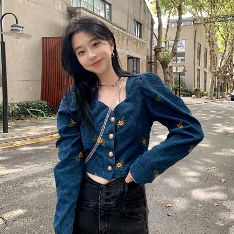 

Women' Jackets 2023 Spring Fashion Comfortable Casual Retro Embroidered Shirt Sexy Square Collar Short Top Clothes, Blue
