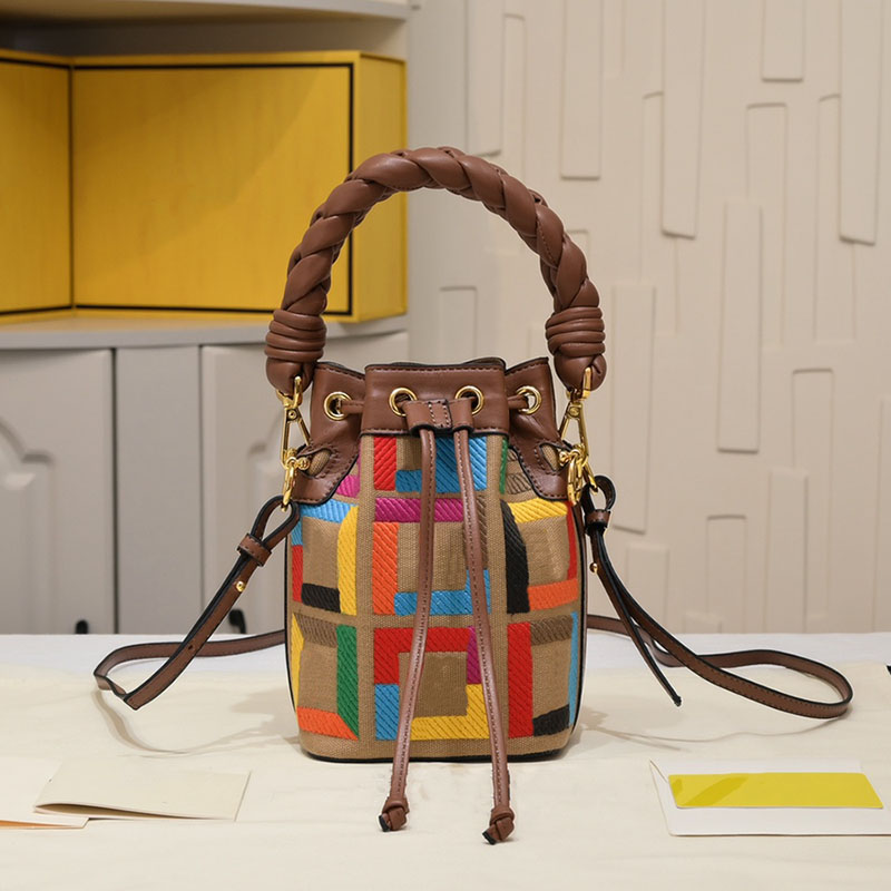 

Small Mon Tresor bucket bag women leather handbag shoulder crossbody bag designer embossing FF canvas embroidery bag woven soft nappa leather handle wallet tote, Color 1