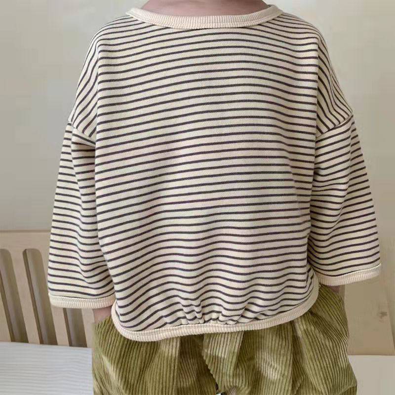 

T-shirts HoneyCherry Spring Thin Loose-fitting Sweater Children's Cotton Fashion Striped T-shirt Children Clothes 230410, Grak gray