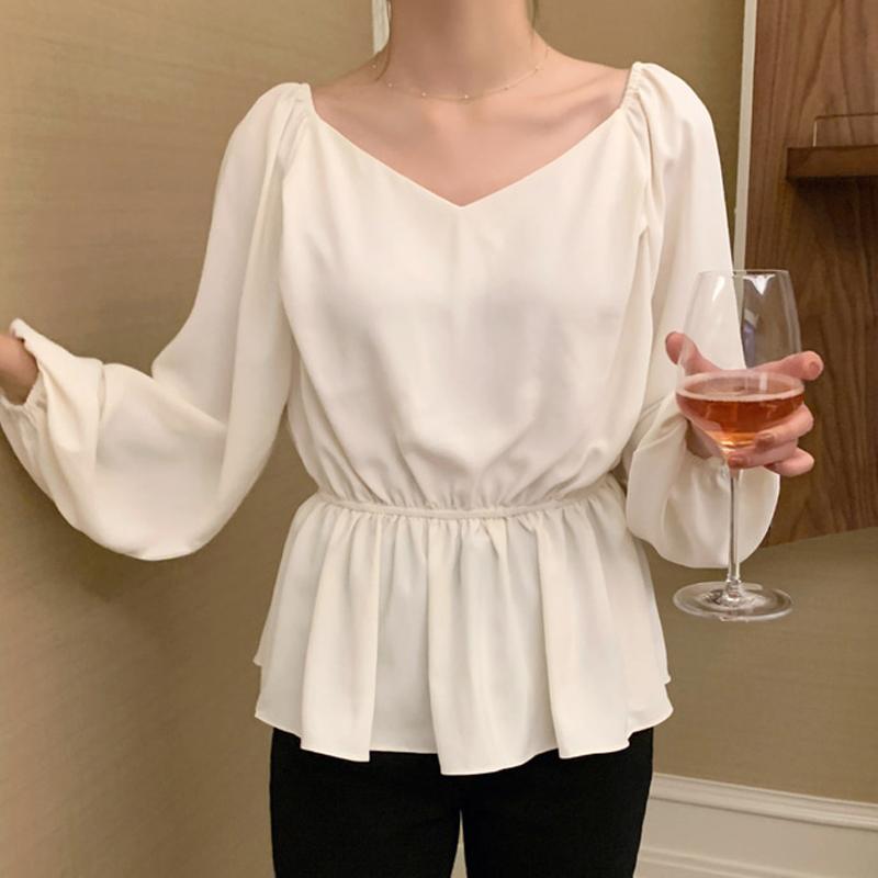 

Women's Blouses & Shirts V-Neck White Blouse Shirt Spring Korean Style Femme Long Sleeve Women Casual Tops Elastic Waist Clothes