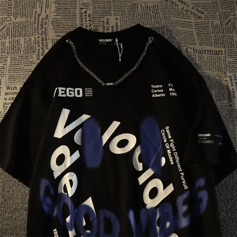 

Men's T-Shirts Vintage Mens Cotton T-shirt Hip Hop High Street Letter Print T Shirt European and American Streetwear Chain Half Sleeve Tee Tops 230410, 063white