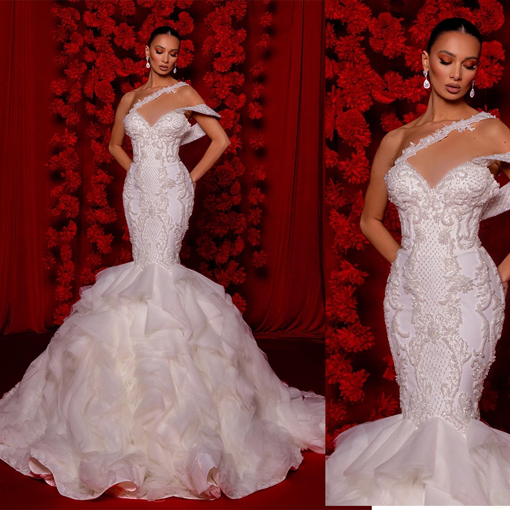 

Gorgeous Mermaid Wedding Dresses Off the Shoulder 3D Flower Applicants Layered Up Gown Backless Zipper Court Gown Custom Made Plus Size Bridal Gown Vestidos De Novia, Burgundy