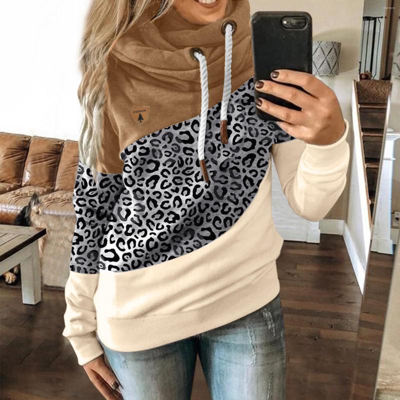 

Women's Hoodies Turtleneck Leopard Patchwork Women Fashion Long Sleeve Drawstring Hooded Tops Autumn Winter Pocket Pullovers Sweatshirts