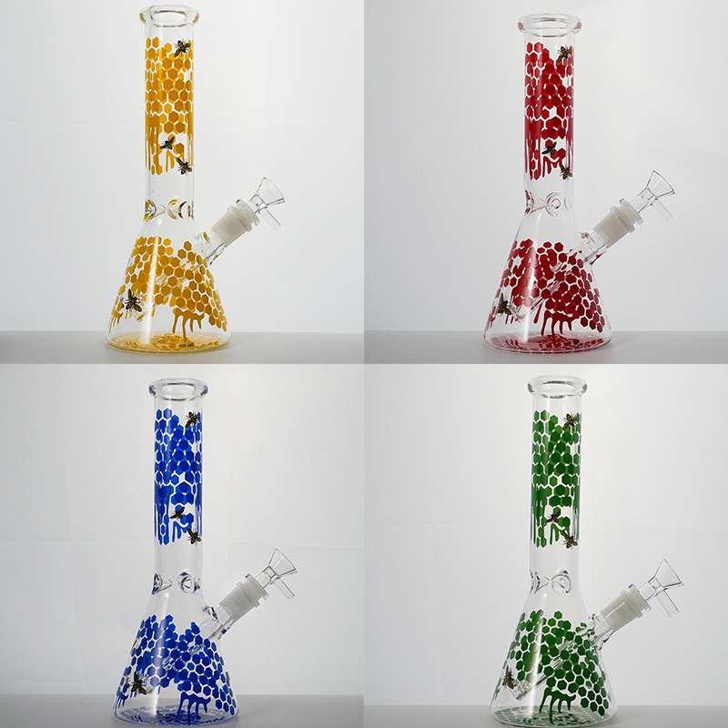 

10 Inch Hookahs 18 Female Jiont Glass Bongs Bees Pattern Water Pipes 4mm Thickness Base 10cm Oil Dab Rigs With Bowl