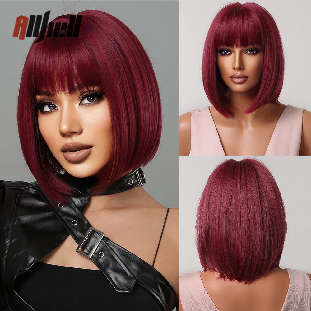 

Synthetic Wigs Short Wine Red Bob With Full Bangs Natural for Women Heat Resistant Female Fake Hair Afro Cosplay Daily 230410, Wig lc2004-1