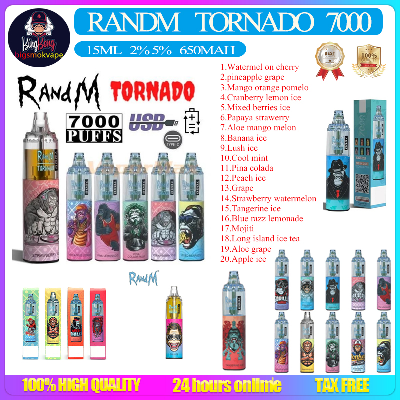 

Original RandM Tornado 7000 Puffs Disposable Vape Pen 2% 5% Electronic Cigarettes 14ml Pod With Mesh Coil 6 Glowing Colors Rechargeable Air-adjustable
