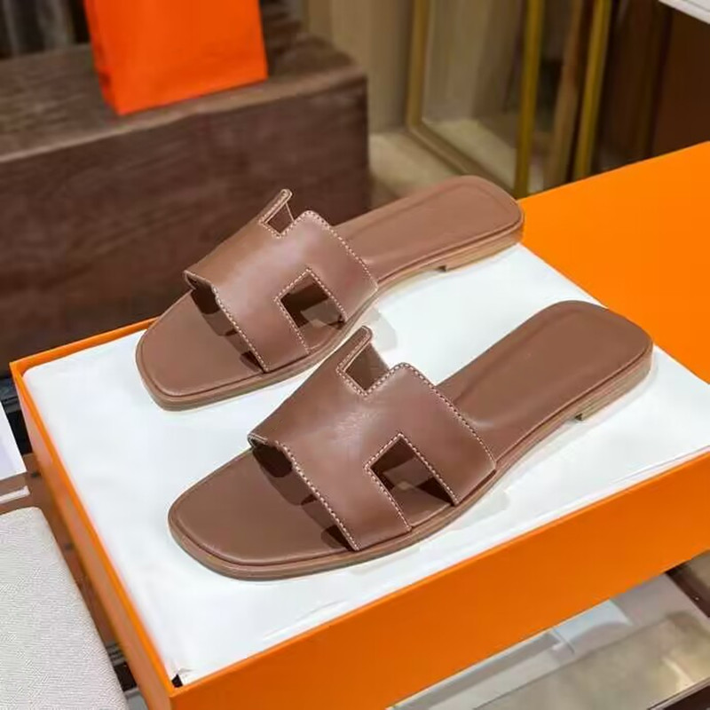 

Italy Designer Oran sandal H cut-out Fashion Epsom calfskin Leather Slippers Summer Luxury Flat Slides Ladies Summer Beach Sandal Party Wedding Shoes