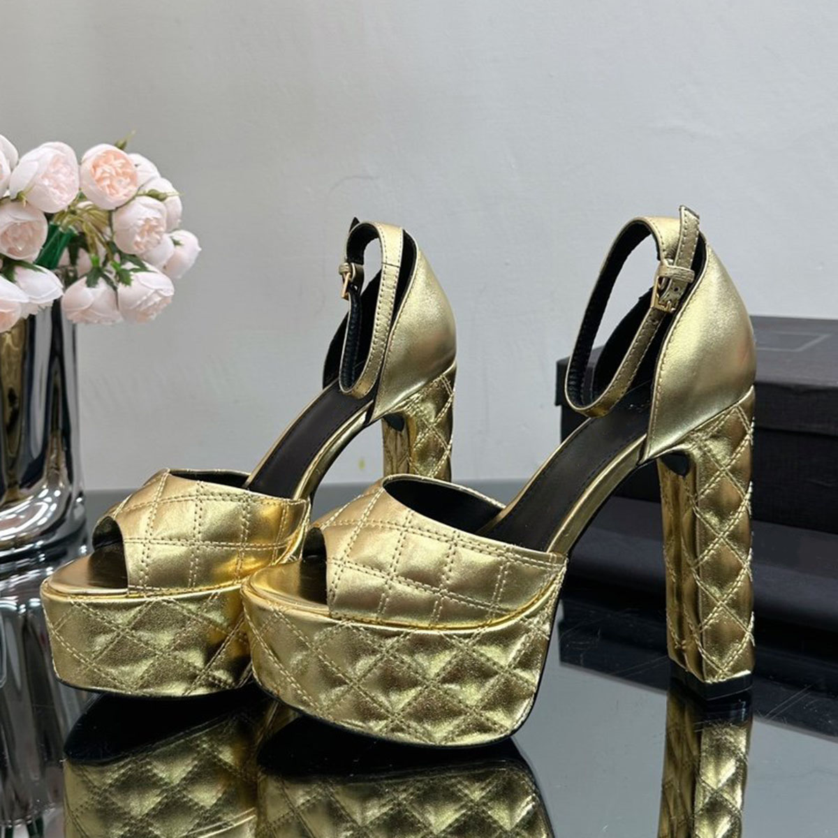 

Rhombic Lattice Sandals platform pumps heeled chunky block heels open-top shoes women's luxury designers leather outsole evening party shoes factory footwear, Red