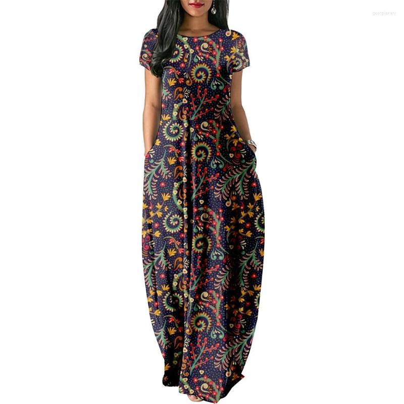 

Casual Dresses 2023 Boho Print Women Short Sleeve Dress Loose Long Double Pocket Beach Vacation DressWoman