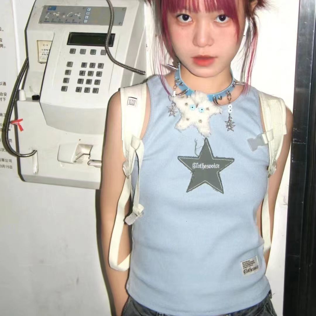 

Women s T Shirt Kawaii Embroidered Rib Star Panel Skinny Cropped Sling Women Top Summer Aesthetic Coquette Y2K Harajuku E girl Tank Corset Tops 220410, Pink