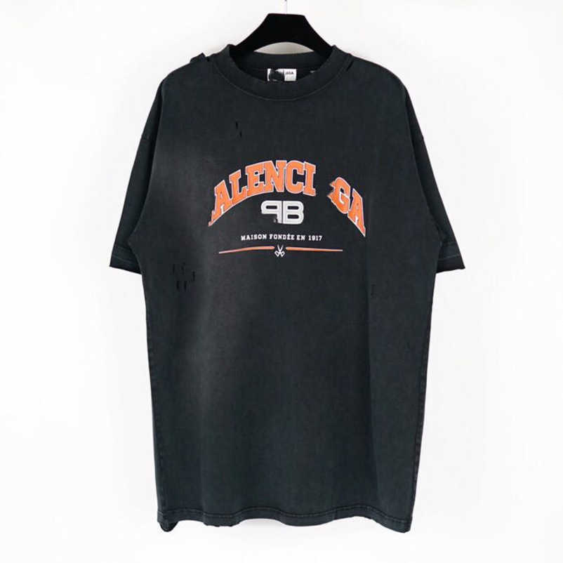 

2023 New designer womens t shirt high-end Shirt High Edition 2023 Summer Scissors Damaged Hole Wash Old Sleeve T-shirt, Wash water black