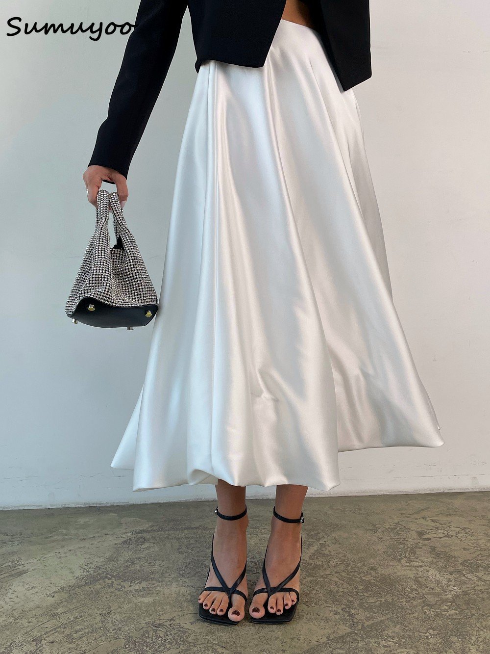 

Skirts Sumuyoo Fashion Beige Satin For Women Elegant High Waist Office Lady AnkleLength Casual Loose Female Clothes 230410