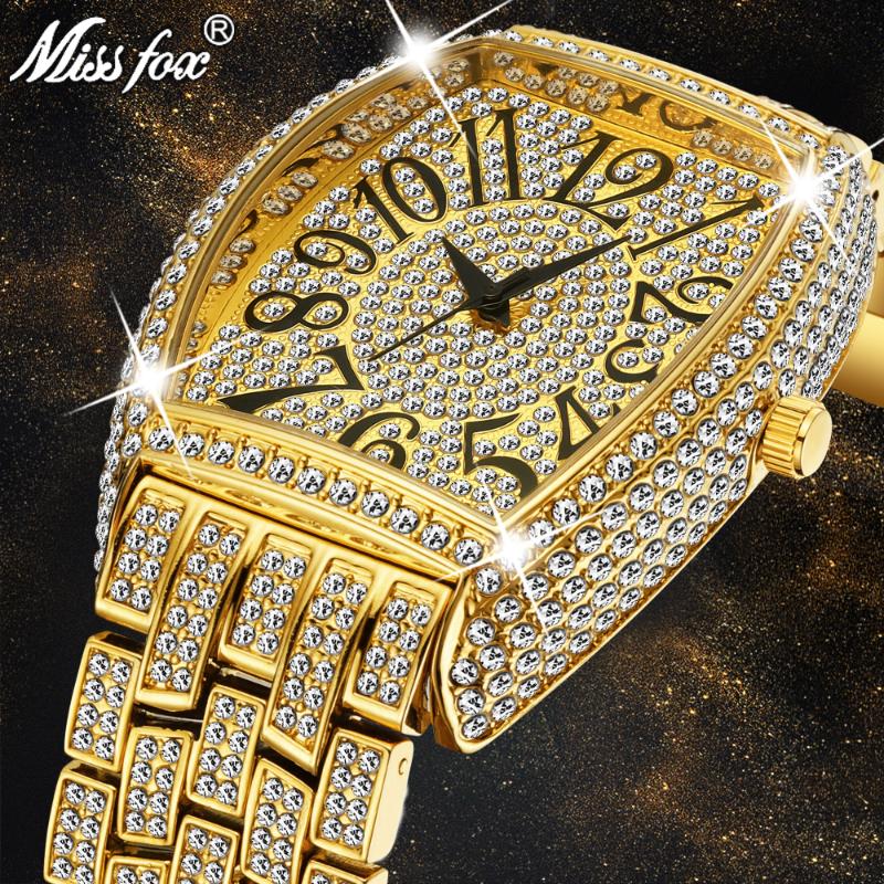 

Wristwatches MISSFOX Design Watch Men 2023 Luxury Unique Tonneau Big Diamond Roman Numerber Men's Quartz Waterproof Clock Gift, Rg
