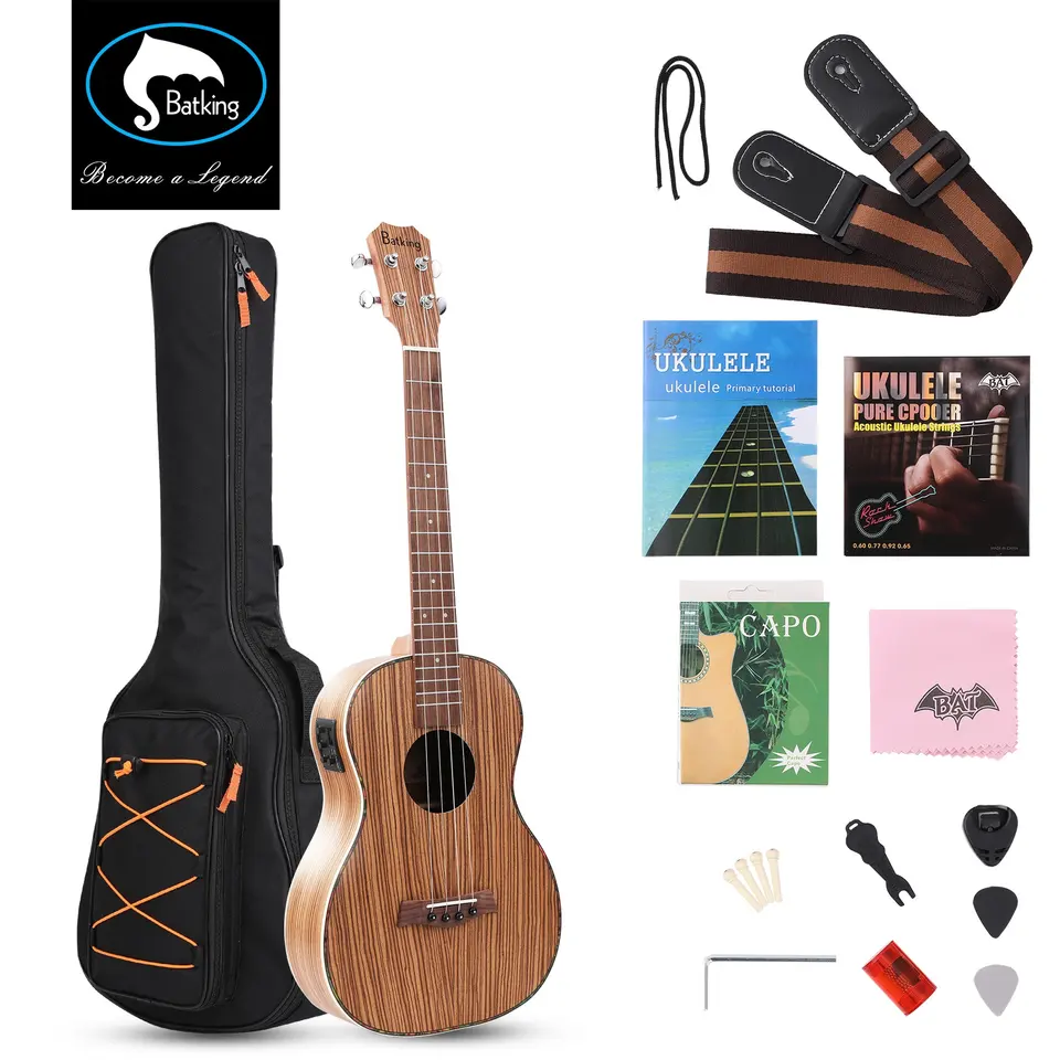 

Batking Baritone Ukulele Electric 30 Inch ZebraWood Acoustic Ukelele Kit with Truss Rod with EQ with Gig Bag,Strap,Nylon String,Electric Tuner,Pick,shaker