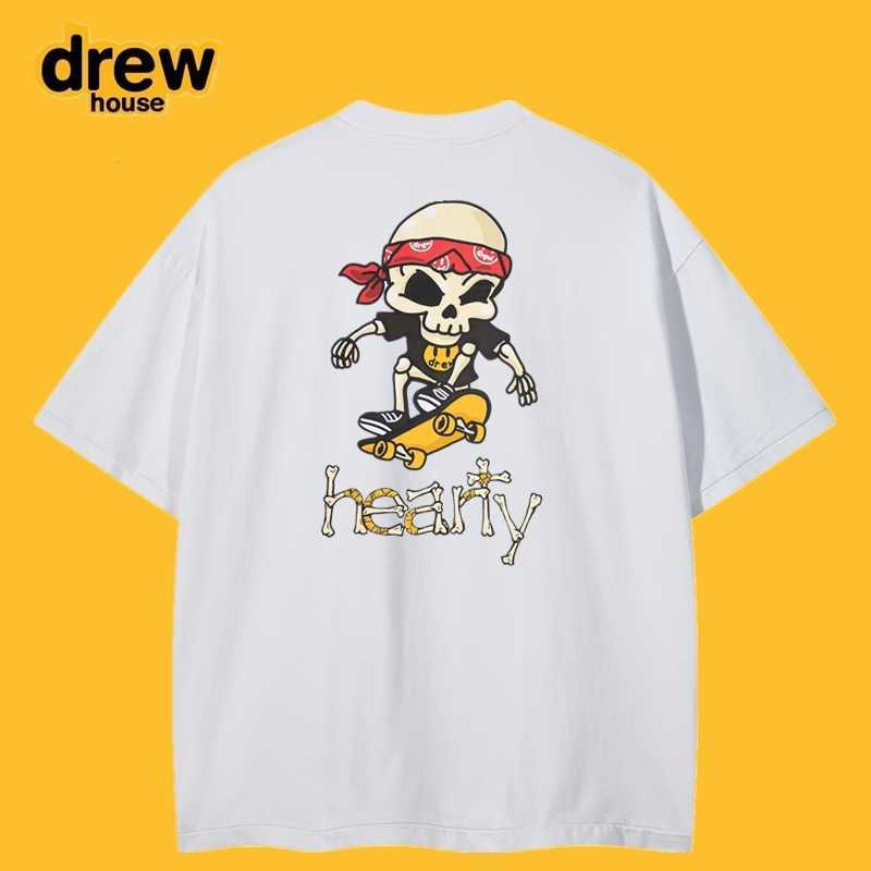

DrewHouse Smiling Face Pirate Skull Skateboard Cartoon Letter Short Sleeve T-shirt for Men and Women Loose High Street Cotton Half Sleeve Tees Men's T-Shirts, White6
