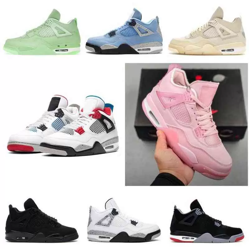 

women men Big Kid jumpman 4 4s offs sail sp guava ice Noir cactus jack unc bred black cat OG university blue white canvas sneakers kids, #10