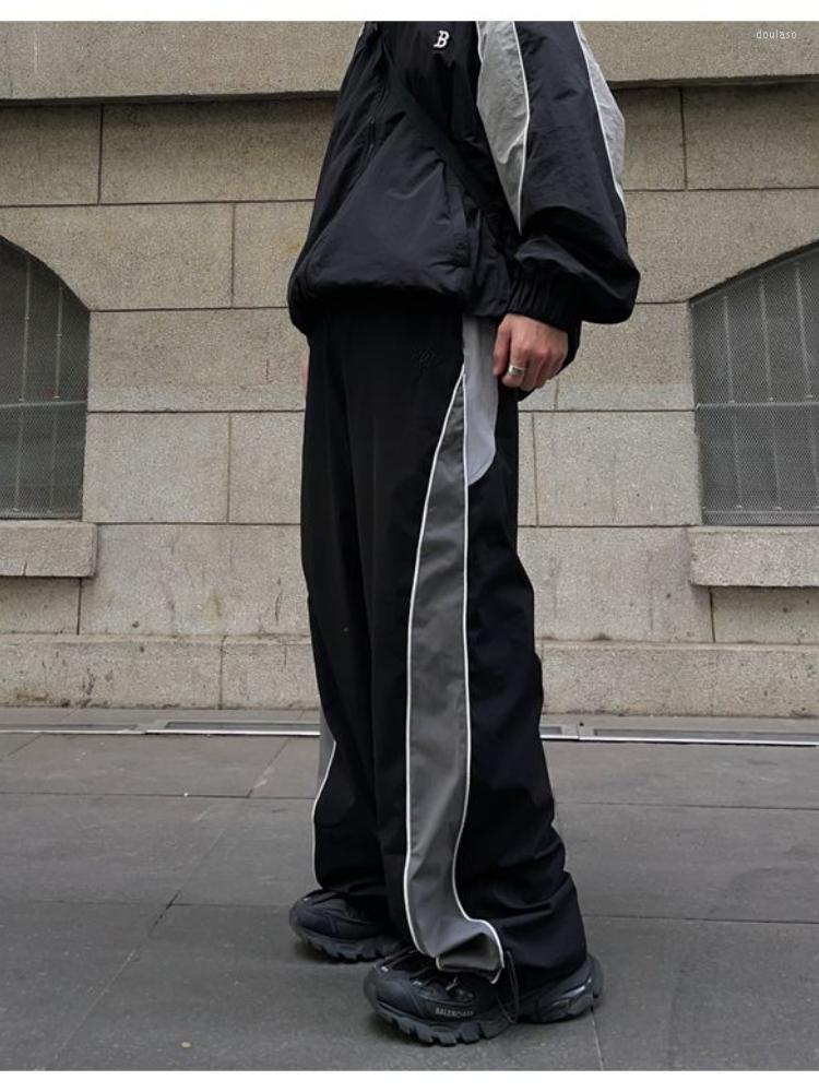 

Men's Pants Women Wide Leg Parachute Vintage Hip Hop Striped Joggers Oversized Patchwork Sports Trousers Female Casual Baggy, Black