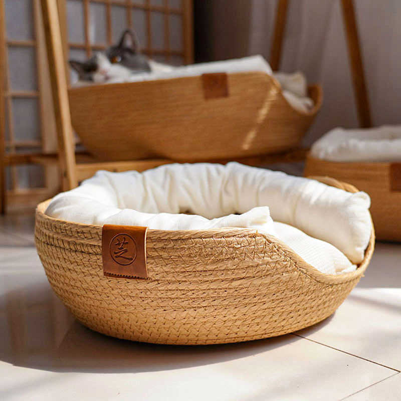 

Cat Beds Furniture Yokee Pet Cat Mat Dog Bed Sofa Handmade Bamboo Weaving Four Season Cozy Nest Baskets Waterproof Removable Cushion Sleeping House W0413