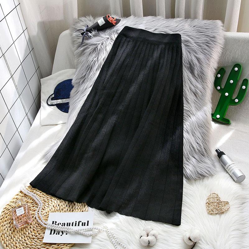 

Skirts Black Knitted Women 2023 Winter High Waist Solid A-line Knee-length Lady Elegant All Match Female Top Quality, See chart