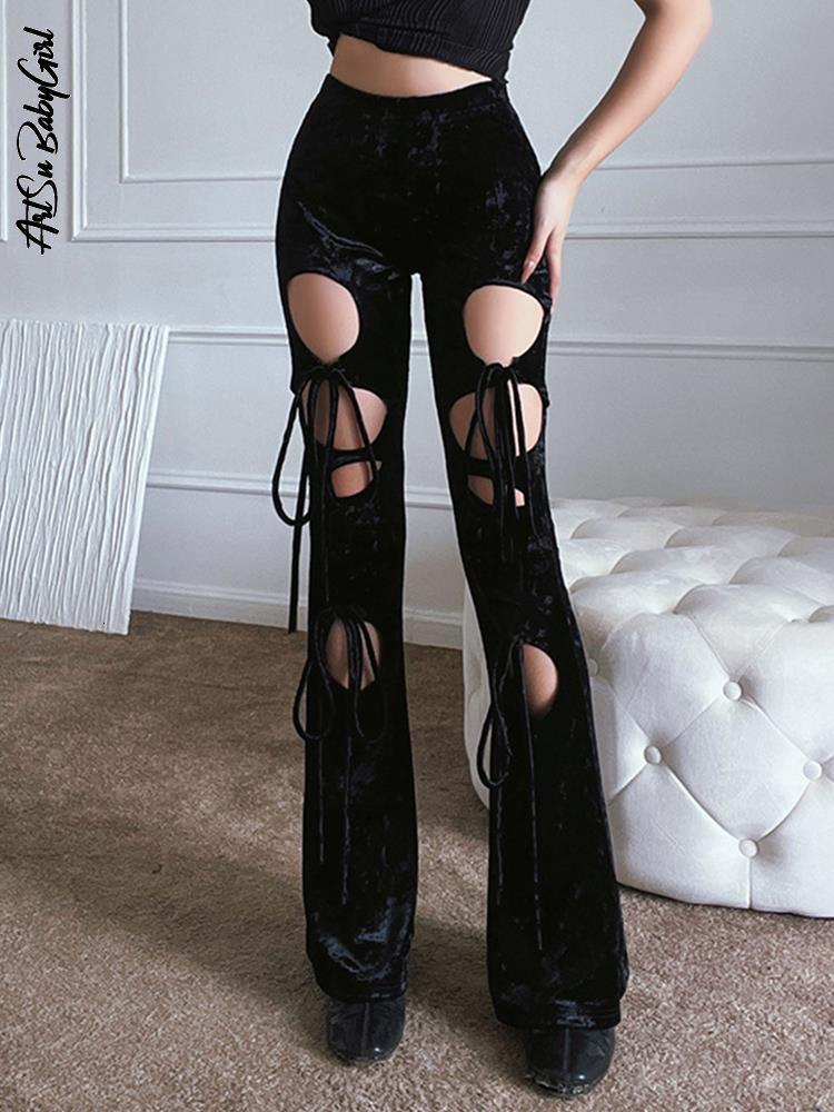 

Women s Pants s Y2K Flare Lace Up Trousers Hollow Out High Waist Chic Wide Leg Solid Strechy Streetwear Black 220410, Red