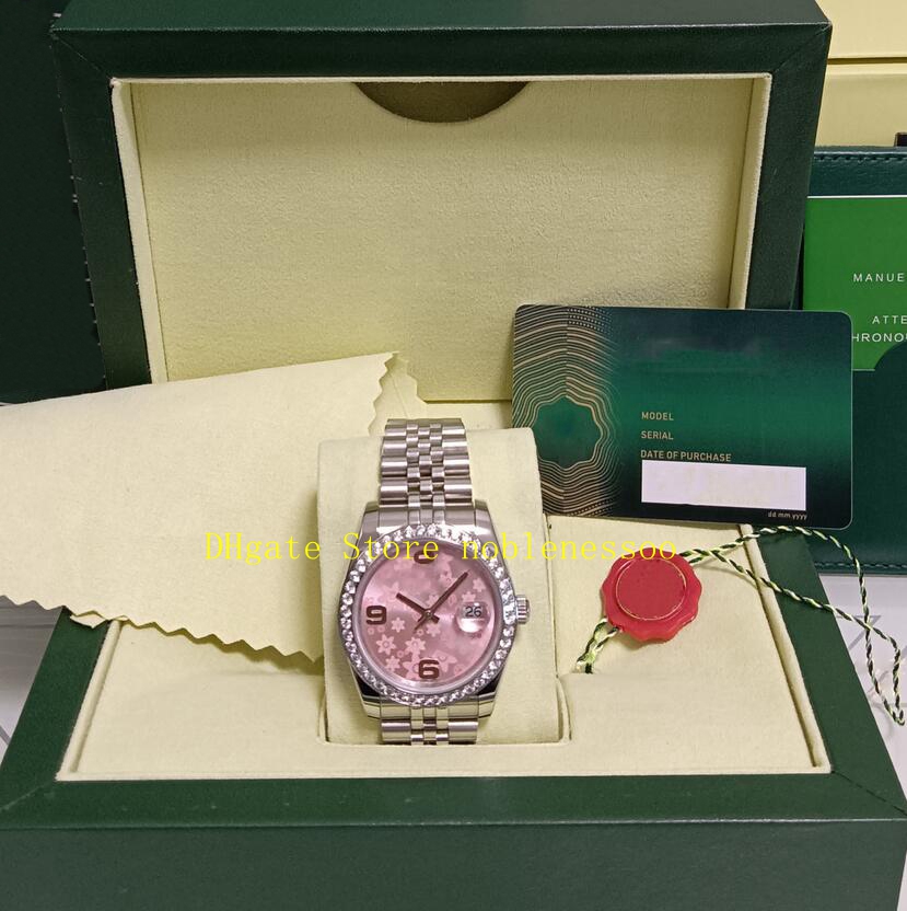 

Real Photo With Box Automatic Watches Women Midsize Ladies Men's 36mm Pink Dial Steel Diamond Bezel Bracelet Mechanical Lady Wristwatches Watch, 01