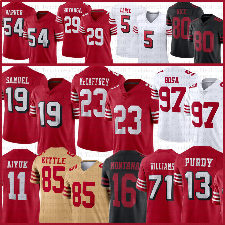 

Deebo Samuel 23 McCaffrey Nick Bosa Football Jersey Brock Purdy Trey Lance George Kittle Fred Warner Jerry Rice Steve Young Brandon Aiyuk Talanoa Hufanga Joe Montana, Women
