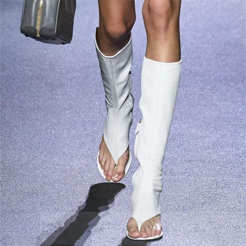 

Women Low Heel Thong Boots Female Open Toe Stretch Design Knee High Boots 2023 Spring Summer Fashion Runway Shoes, 1-black suede