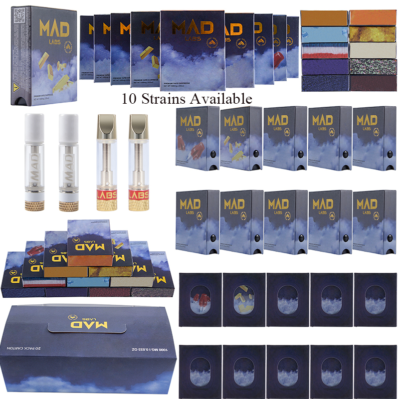 

New Package MAD Labs 0.8ml Atomizers Vape Cartridges 10 Strains Available Packaging Ceramic Coil E Cigarette Dab Wax Thick Glass Tank Carts 510 Thread Vaporizers