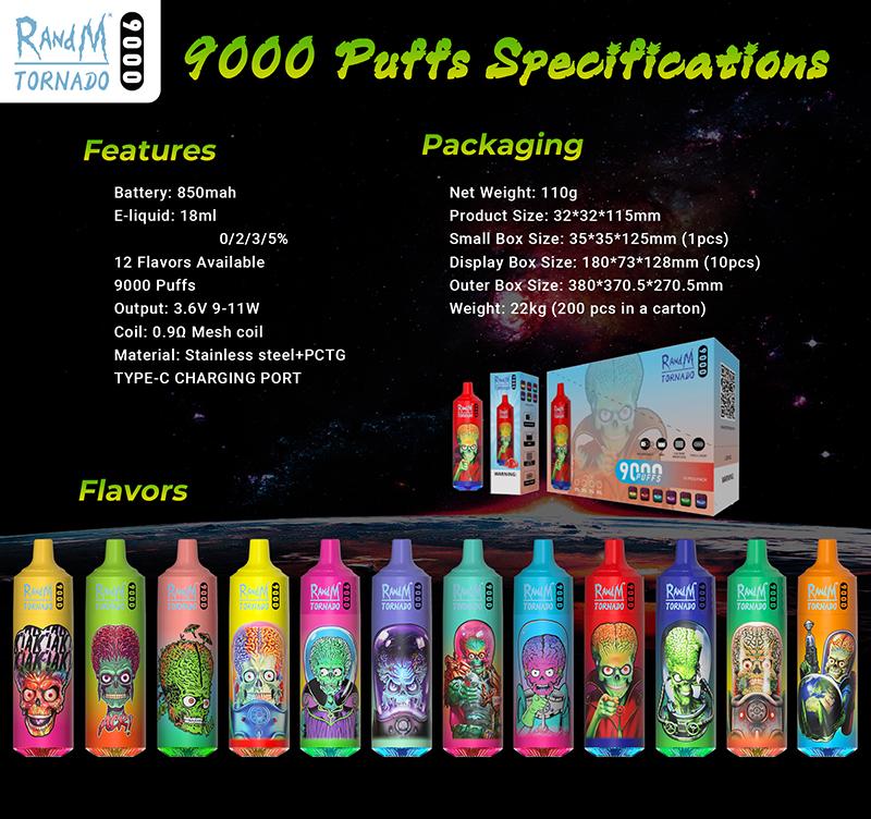 

Original RandM Tornado 9000 Puffs Disposable E Cigarettes 0.8ohm Mesh Coil 18ml Pod Battery Rechargeable Electronic Cigs 9K 0% 2% 3% 5% Vape Pen