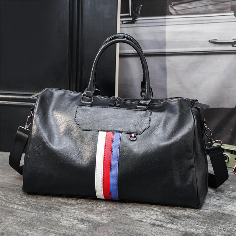 Wholesale factory men shoulder bags outdoor sports fitness leisure leather travel bag black Joker striped handbag street trend contrast fashion b-image-410936121
