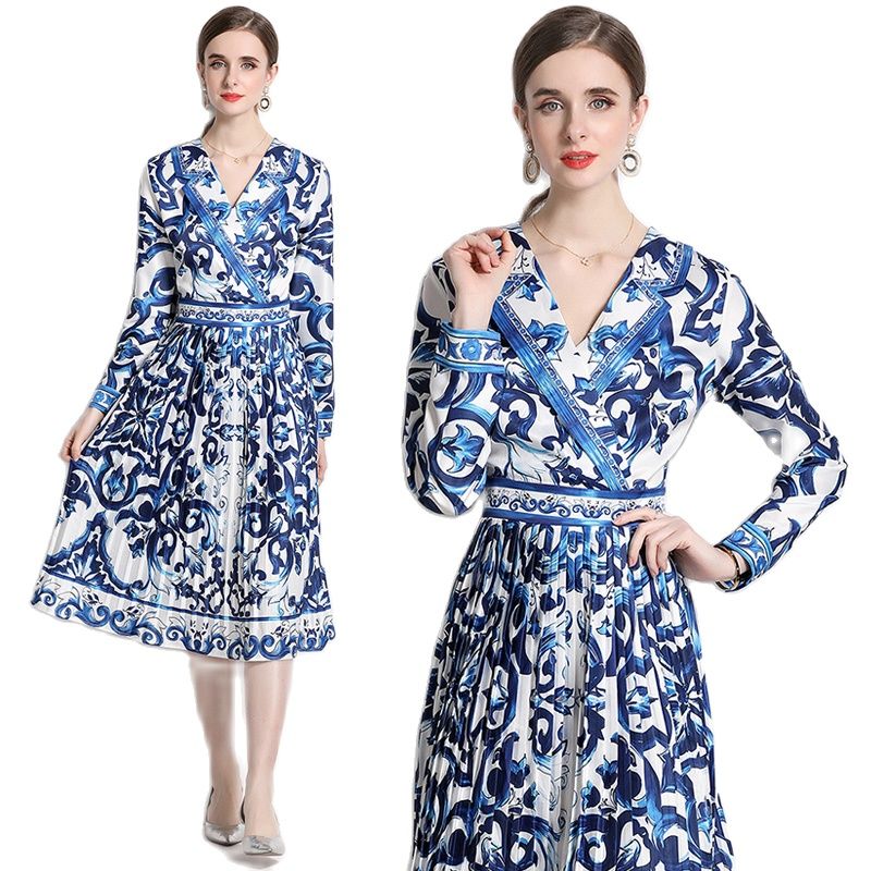 

2023 Occident Vintage Printed Blazer Neck Pleated Dress Women Elegant Long Sleeve Casual Office Midi Dress Spring Summer Designer A Line Ladies Party Frocks Clothes, Contrast color