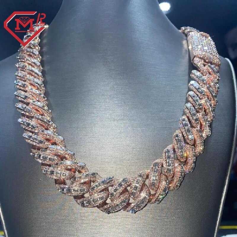 Luxury Rappers 24mm Iced Out Rose Gold Chain Emerald Cut Moissanite Cuban Link Chain Mens Hip Hop Miami Chain-image-858581070