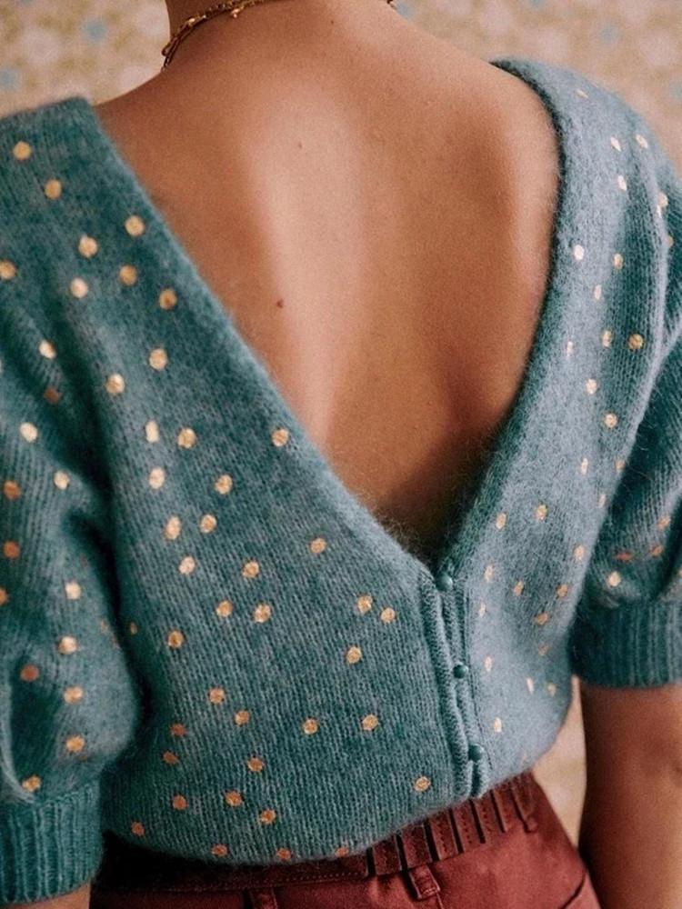 

Women' Knits & Tees Gold Polka Dot Women V-neck Sweater 2023 Double-sided Short Sleeve Single Breasted Female Knit Cardigan TopsWomen