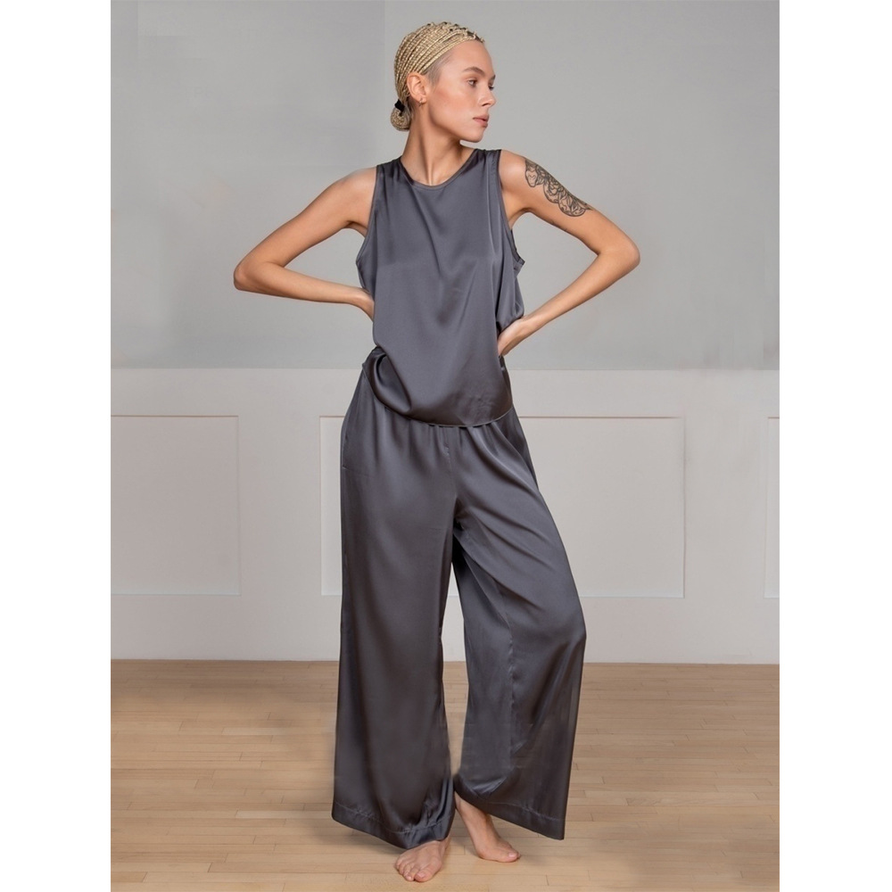 

Women Pajama Suit Spring Summer Female Homewear Sets Sleeveless Crossed Back Vest & Loose Trousers Two Piece Sets, Gray