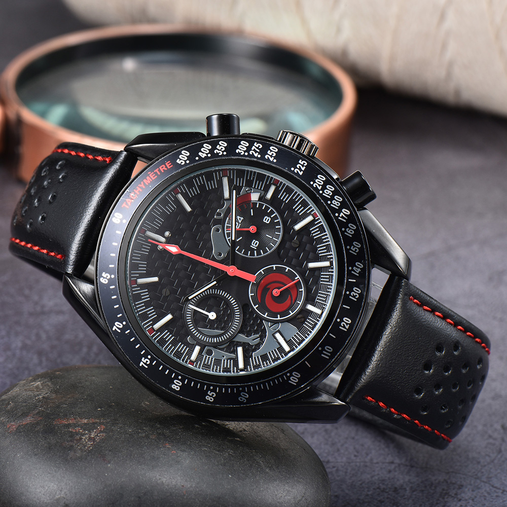 

Luxury Mens Watches Leather Strap Quartz Movement Subdial Work Stopwatch Luminous Splash Waterproof Chronograph Designer Watch Analog Clock Montre De Luxe