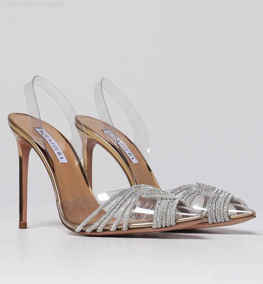 

Aquazzura Gatsby Sandals Shoes Women PVC Leather Slingback Pointed Toe Pumps Crystal Swirls PVC Toecaps Lady Eleagnt Walking EU35-43
