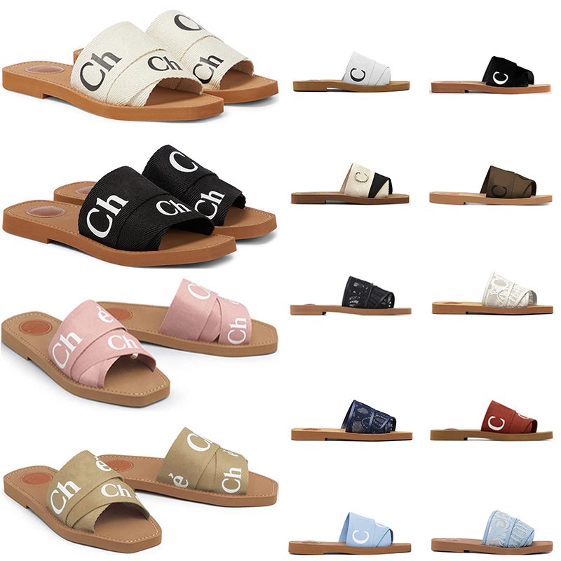 

Designer women woody sandals mules flat slides beige white black blue pink lace Lettering Fabric canvas slippers womens summer outdoor shoes, #1