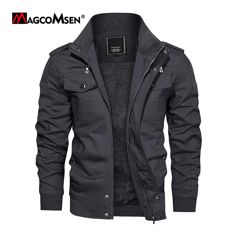Mens Jackets MAGCOMSEN Fleece Windbreaker Coats Fall Winter Thermal Bomber Multipockets Stand Collar Motorcycle Jacket 231110