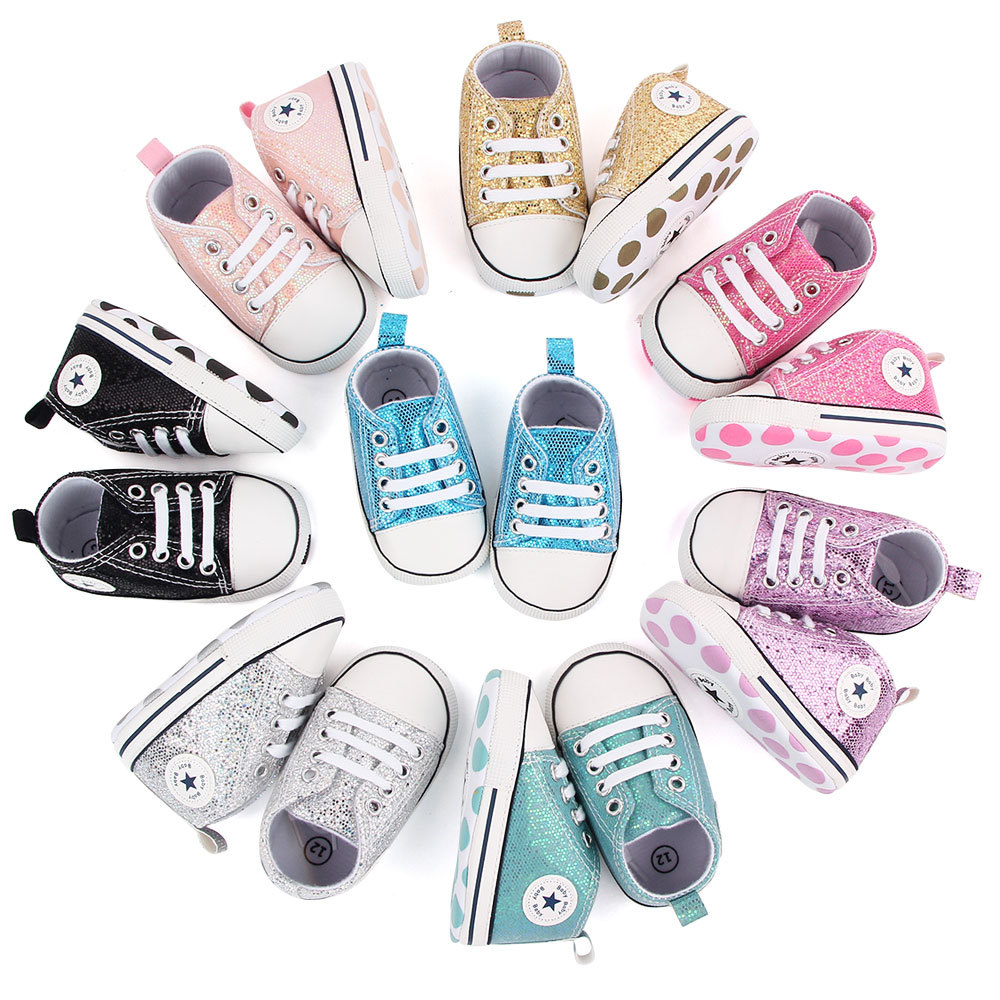 

Baby Shoes Boy Girl Star Sneaker Soft Anti-Slip Sole Newborn Shoes Glitter Infant First Walkers Toddler Casual Canvas Crib Shoes, Pink