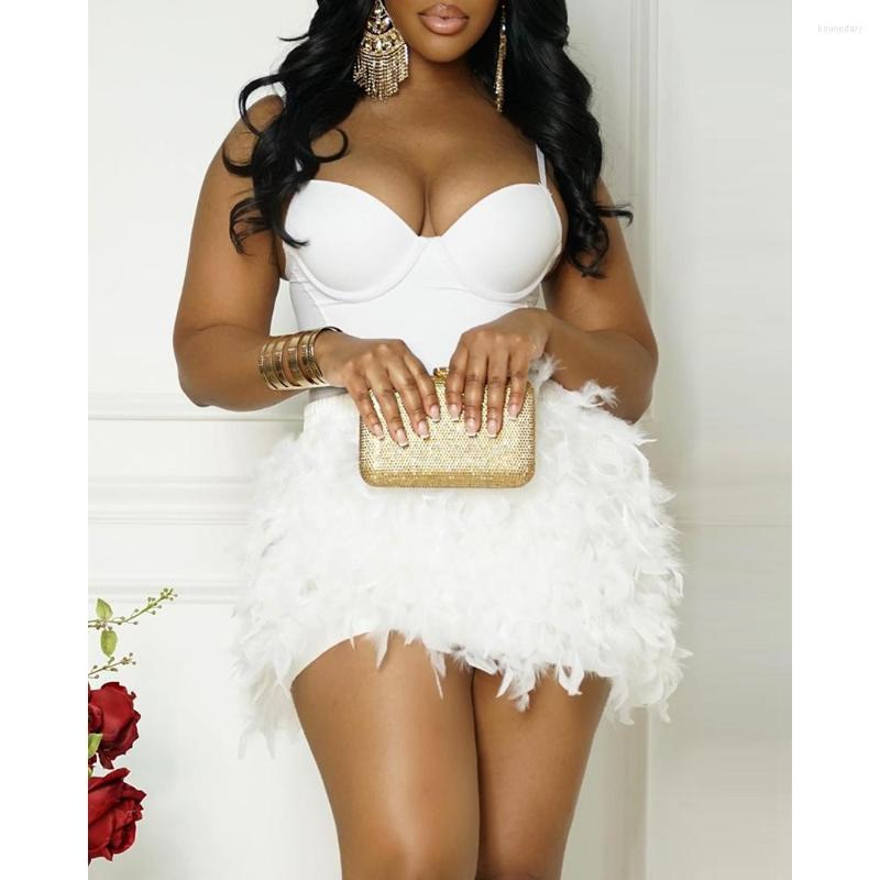 

Two Piece Dress Women Spaghetti Strap Low Cut Crop Top & Feather Detail Mini Skirt Set Casual Sets Sleeveless Suit, White
