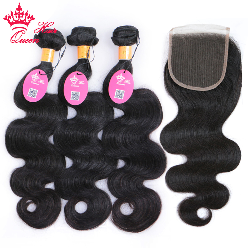 

Indian Virgin Human Raw Hair Weft With Closure 4Pcs Lot Hair Bundles With Lace Closures 100% Unprocessed Indian Body Wave With Closure Queen Hair Official Store, Natural color