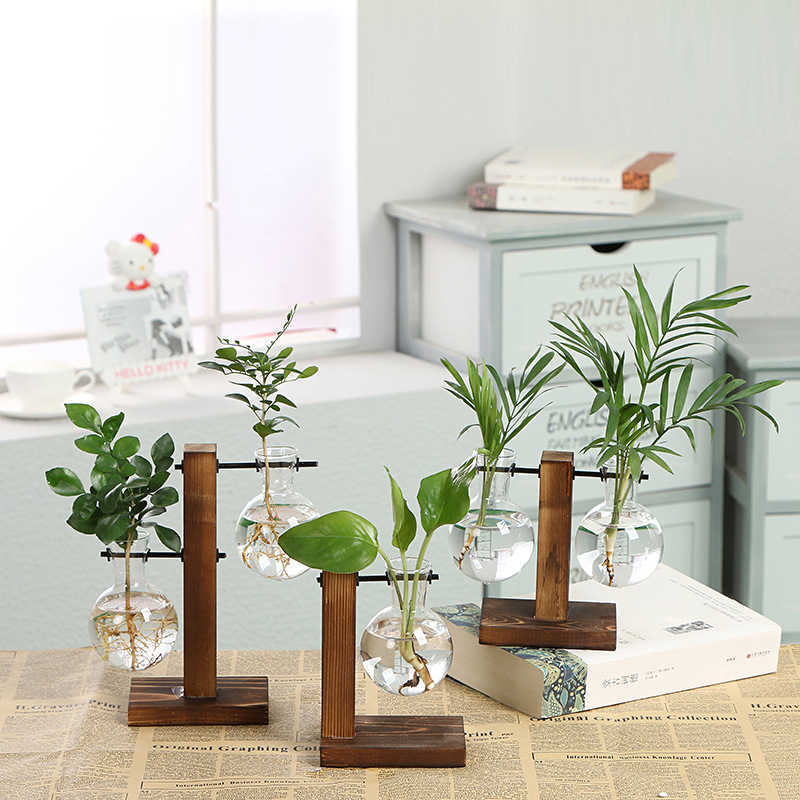 Vases HOT-Vintage Style Glass Desktop Plant Bonsai Flower Christmas Decoration Vase with Wooden L / T Shape Tray Home Decor Accessor P230411-image-857795836