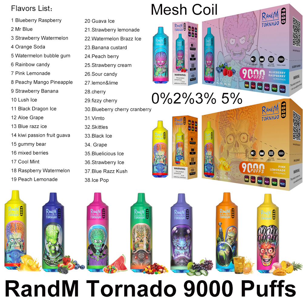 

Original RandM Tornado Disposable E Cigarettes Vape 9000 puffs 0% 2% 850mAh Rechargeable Battery 3% 5% 18ml Pre-filled Pod Mesh Coil Pen puff 9k Device 38 Flavors