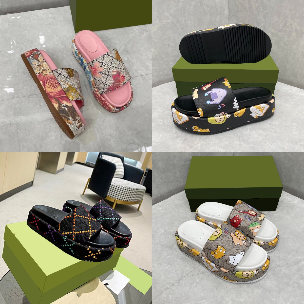

Designer Women Slipper Women Flora Sandals Luxury Platform Slides Fabric Rubber Shoe Embroidered Slipper Big Size 35-43With Box, C2