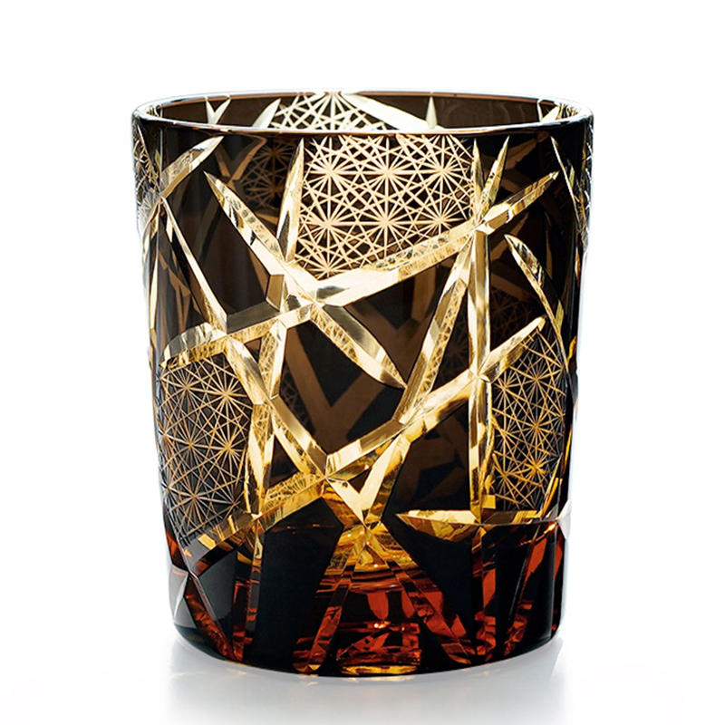 

Japanese Royal Special Retro Edo Kiriko Wine Tumbler Hand Cut Flashing Lightning Design Amber Whiskey Glass High End Gift Box