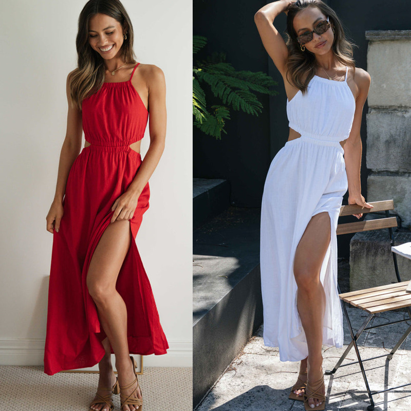 

Casual Dresses Holiday long Dress Woman 100% Cotton Loose splicing Summer sleeveless Dress Casual Lady Dress, White