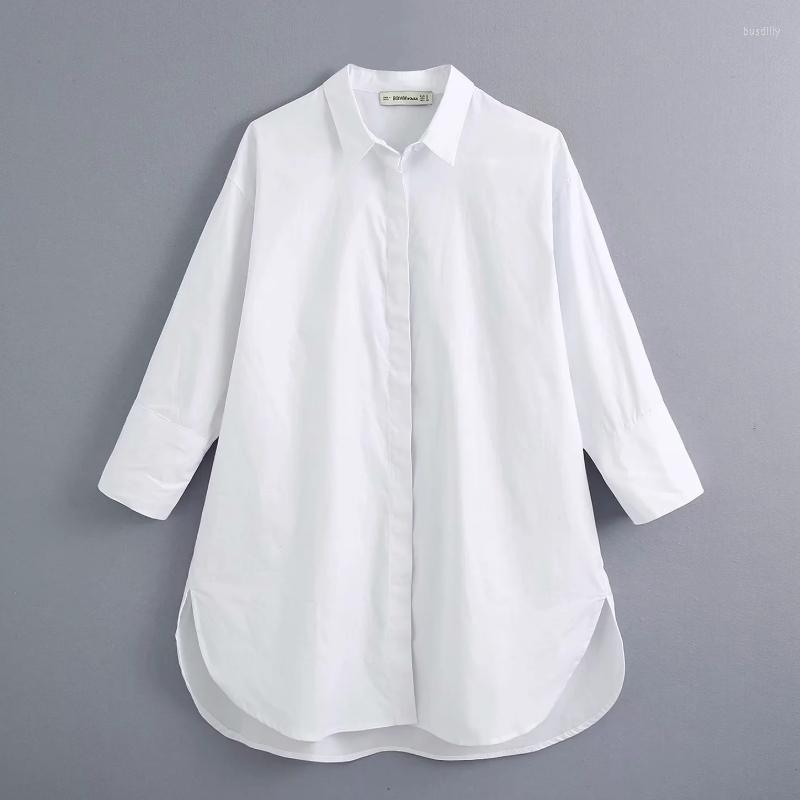 

Women's Blouses Zevity Women Simply Style Buttons Decoration Casual White Poplin Blouse Office Lady Side Split Shirts Chic Blusas Tops, As pic ls6562