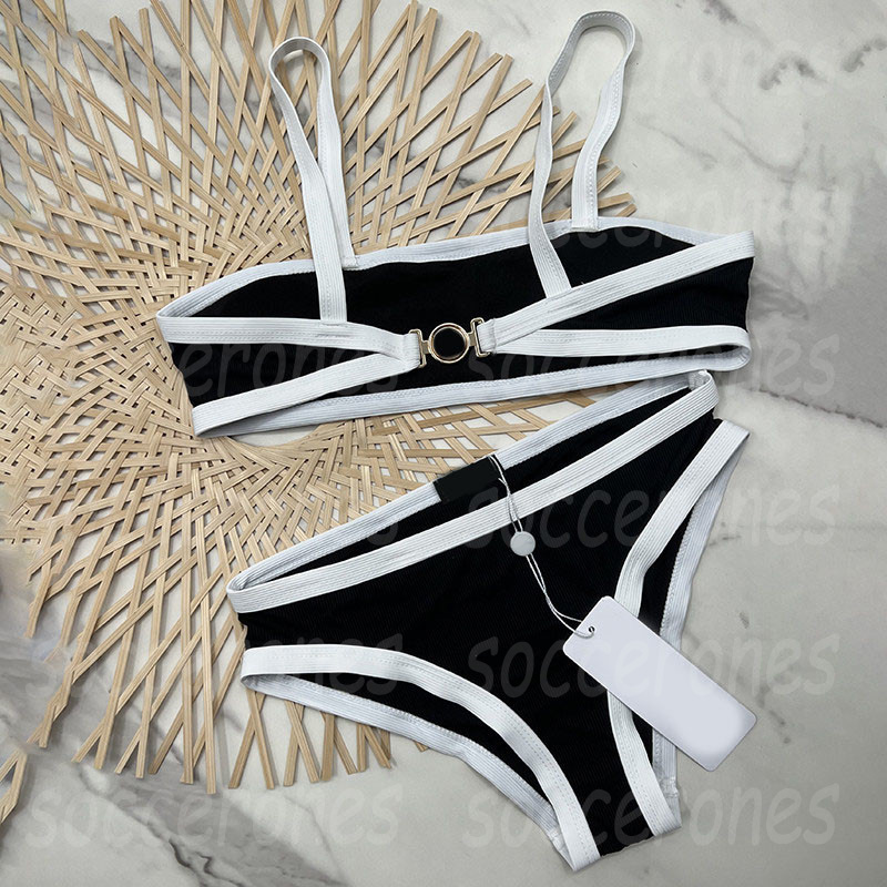 

Letters Womens Bikinis Swimwear Contrast Color Summer Split Swimsuit Beach Holiday Bra Briefs Bathing Suit, Black with label#35